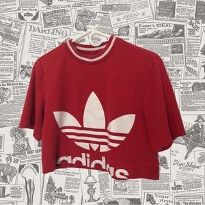 ADIDAS Dropped Trefoil Womens Cropped Tee, Raspberry Red and White, Size 34